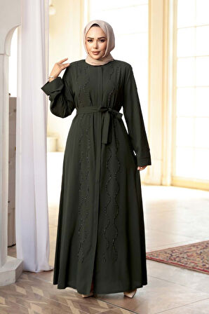 Boncuk İşlemeli Haki Tesettür Abaya 29117HK