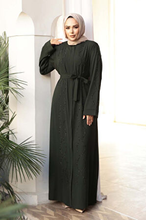 Boncuk İşlemeli Haki Tesettür Abaya 29117HK