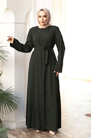 Boncuk İşlemeli Haki Tesettür Abaya 29117HK