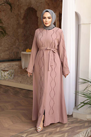 Boncuk İşlemeli Pudra Tesettür Abaya 29117PD