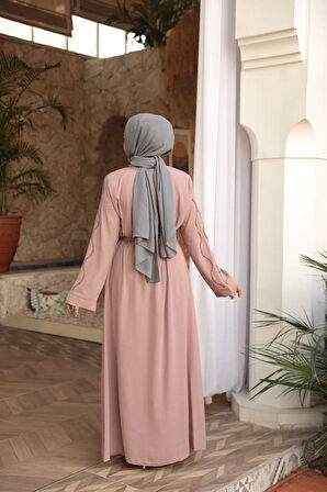 Boncuk İşlemeli Pudra Tesettür Abaya 29117PD