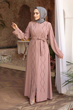 Boncuk İşlemeli Pudra Tesettür Abaya 29117PD