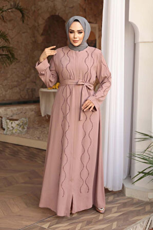 Boncuk İşlemeli Pudra Tesettür Abaya 29117PD