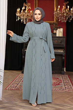Boncuk İşlemeli Mint Tesettür Abaya 29117MINT