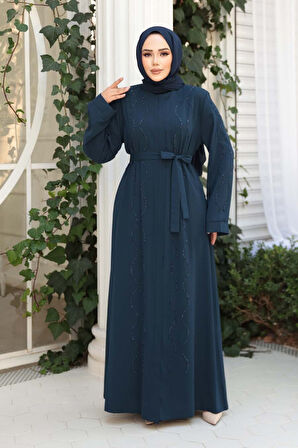 Boncuk İşlemeli İndigo Mavisi Tesettür Abaya 29117IM