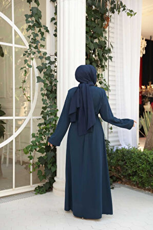 Boncuk İşlemeli İndigo Mavisi Tesettür Abaya 29117IM