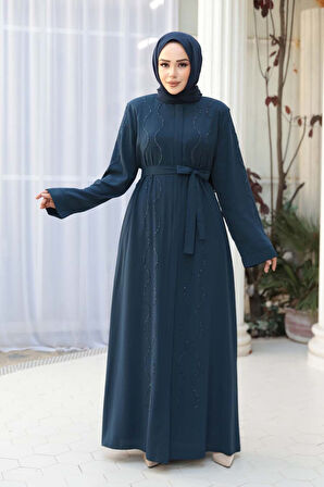 Boncuk İşlemeli İndigo Mavisi Tesettür Abaya 29117IM
