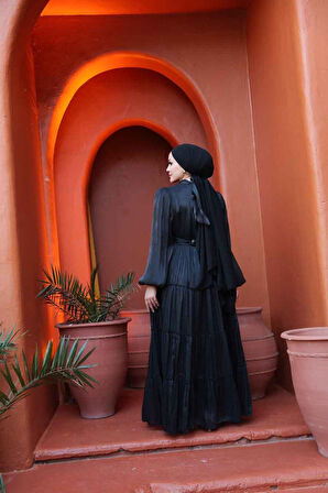 -Kat Piliseli Siyah Tesettür Abiye Elbise 52981S