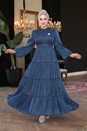 - Kat Piliseli Lacivert Tesettür Abiye Elbise 52981L