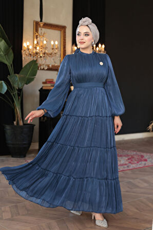- Kat Piliseli Lacivert Tesettür Abiye Elbise 52981L