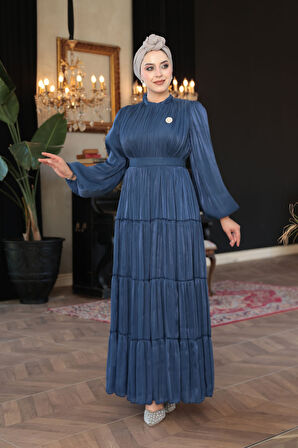 - Kat Piliseli Lacivert Tesettür Abiye Elbise 52981L