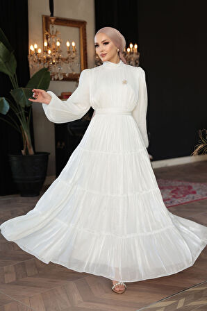 - Kat Piliseli Beyaz Tesettür Abiye Elbise 52981B