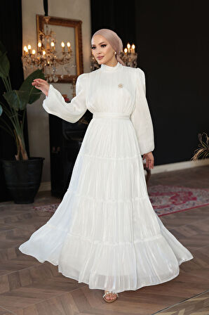 - Kat Piliseli Beyaz Tesettür Abiye Elbise 52981B