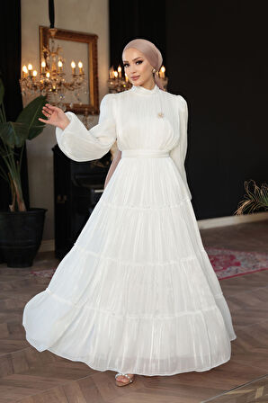 - Kat Piliseli Beyaz Tesettür Abiye Elbise 52981B