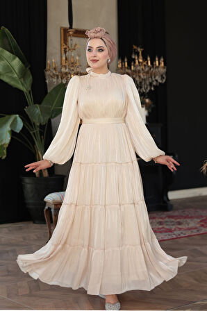 - Kat Piliseli Bej Tesettür Abiye Elbise 52981BEJ