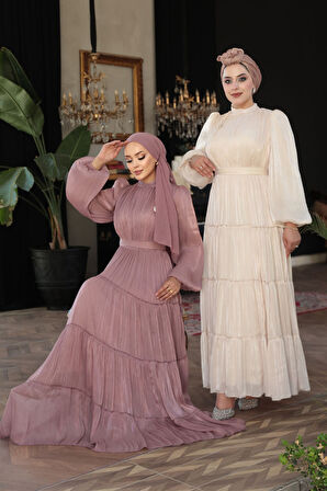 - Kat Piliseli Bej Tesettür Abiye Elbise 52981BEJ