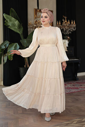 - Kat Piliseli Bej Tesettür Abiye Elbise 52981BEJ