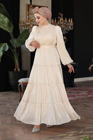 - Kat Piliseli Bej Tesettür Abiye Elbise 52981BEJ