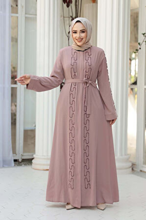 Boncuk İşlemeli Pudra Tesettür Abaya 29118PD