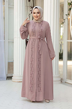 Boncuk İşlemeli Pudra Tesettür Abaya 29118PD