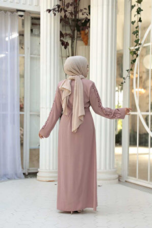 Boncuk İşlemeli Pudra Tesettür Abaya 29118PD