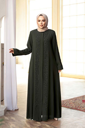 Boncuk İşlemeli Haki Tesettür Abayaa 29118HK