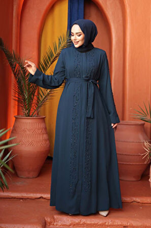 Boncuk İşlemeli İndigo Mavisi Tesettür Abaya 29118IM