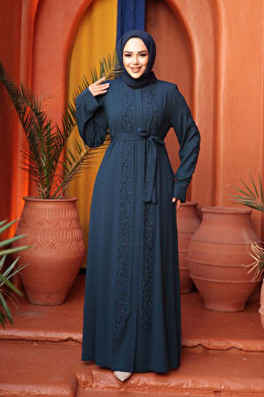 Boncuk İşlemeli İndigo Mavisi Tesettür Abaya 29118IM