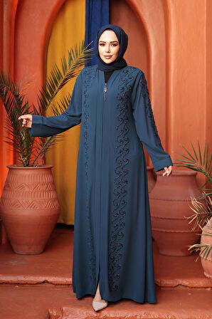 Boncuk İşlemeli Petrol Mavisi Tesettür Ferace 29123PM