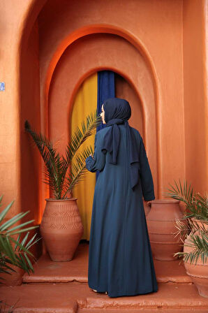Boncuk İşlemeli Petrol Mavisi Tesettür Ferace 29123PM