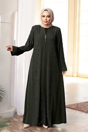Boncuk İşlemeli Haki Tesettür Ferace 29123HK