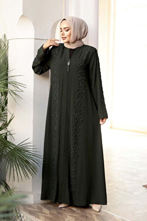Boncuk İşlemeli Haki Tesettür Ferace 29123HK
