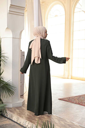 Boncuk İşlemeli Haki Tesettür Ferace 29123HK