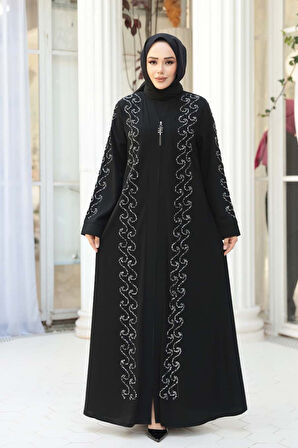 Boncuk İşlemeli Siyah Gümüş Tesettür Ferace 29123SGMS