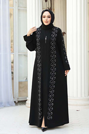 Boncuk İşlemeli Siyah Gümüş Tesettür Ferace 29123SGMS