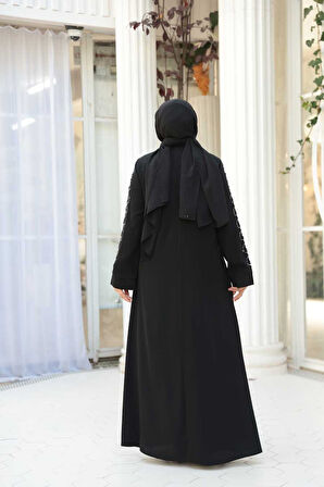 Boncuk İşlemeli Siyah Gümüş Tesettür Ferace 29123SGMS