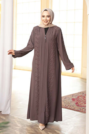 Boncuk İşlemeli Açık Kahverengi Tesettür Ferace 29123AKH