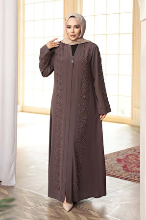 Boncuk İşlemeli Açık Kahverengi Tesettür Ferace 29123AKH