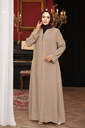 Boncuk İşlemeli Bej Tesettür Ferace 29127BEJ