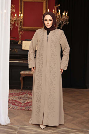 Boncuk İşlemeli Bej Tesettür Ferace 29127BEJ