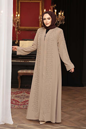 Boncuk İşlemeli Bej Tesettür Ferace 29127BEJ