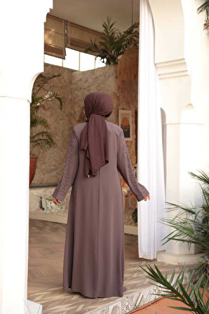 Boncuk İşlemeli Açık Kahverengi Tesettür Ferace 29127AKH