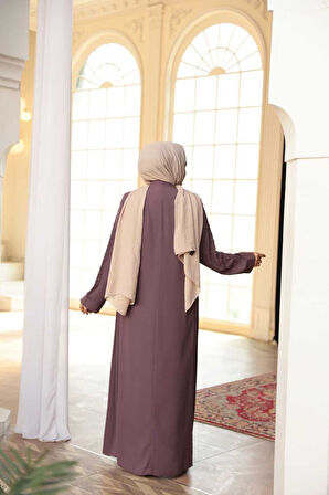 Boncuk İşlemeli Gül Kurusu Tesettür Ferace 29122GK