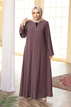 Boncuk İşlemeli Gül Kurusu Tesettür Ferace 29122GK