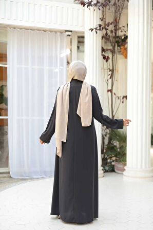 Boncuk İşlemeli Füme Tesettür Ferace 29122FU