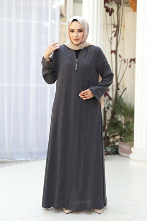 Boncuk İşlemeli Füme Tesettür Ferace 29122FU