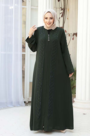 Boncuk İşlemeli Haki Tesettür Ferace 29122HK