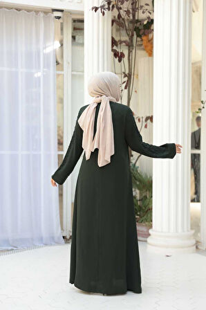 Boncuk İşlemeli Haki Tesettür Ferace 29122HK