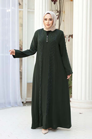 Boncuk İşlemeli Haki Tesettür Ferace 29122HK