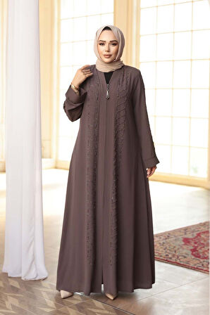 Boncuk İşlemeli Açık Kahverengi Tesettür Ferace 29122AKH